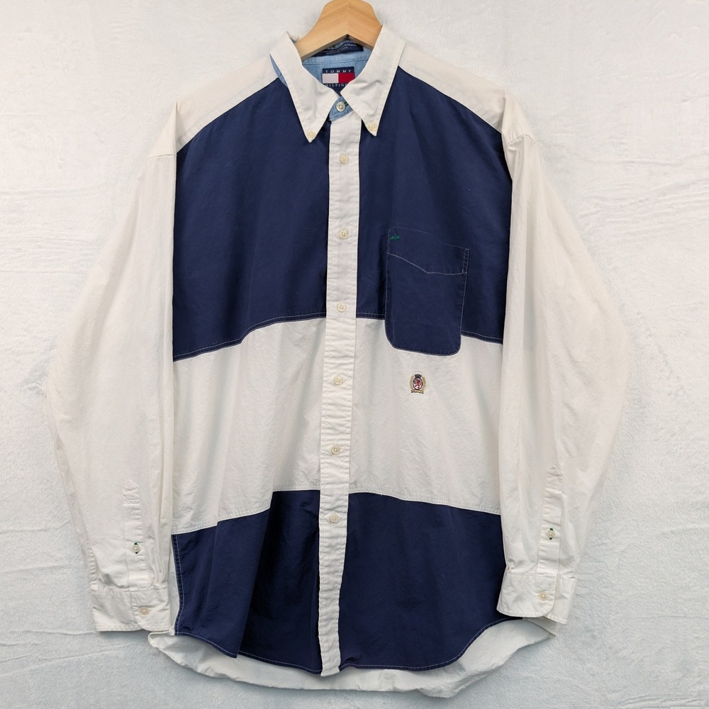 VTG Tommy Hilfiger Button Down Shirt Men's L Navy White Colorblock Preppy 90s